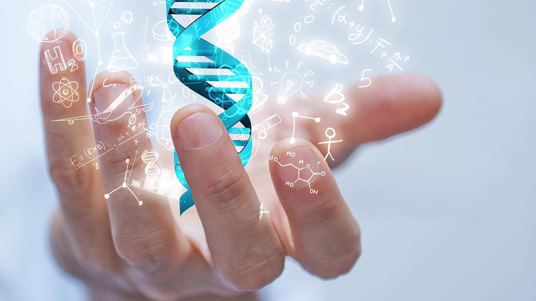 Illustration : hélices d'ADN dans une main avec des équationsUTILISATION STRICTEMENT INRIA, NE JAMAIS TRANSMETTRE A UN TIERS QUELQU'EN SOIT LA RAISON !!