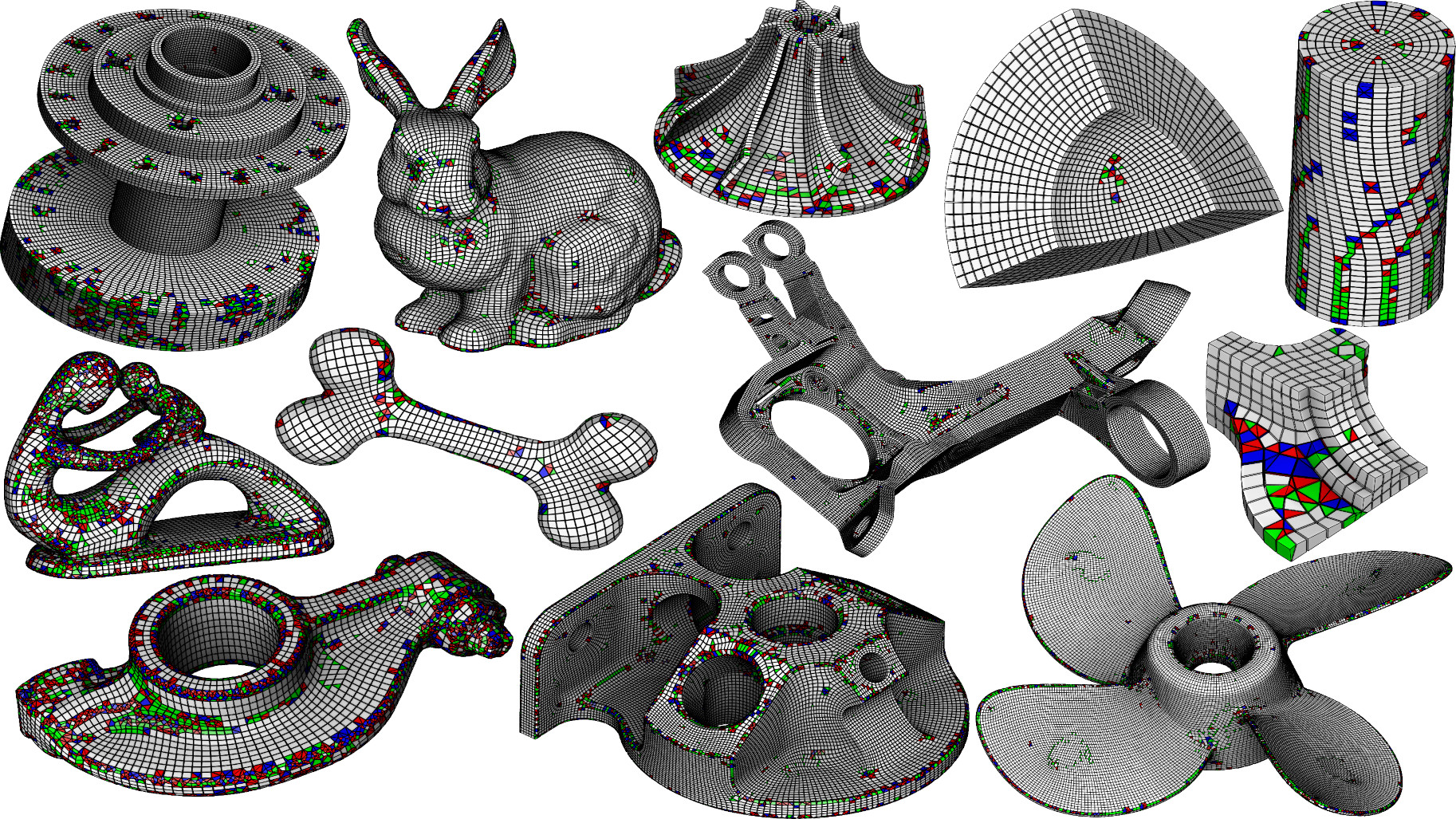 Illustration de méthode de remaillage robuste sur des formes dont la complexité varie de simples cas académiques à de réels cas industriels