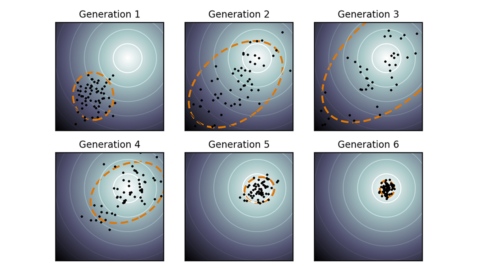 Illustration of an actual optimization run with covariance matrix adaptation on a simple two-dimensional problem. 