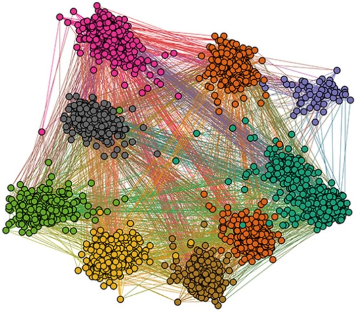 Représentation, sous la forme de graphe, d'une détection de communautés et mettant en lumière les groupes formés par des individus qui interagissent.