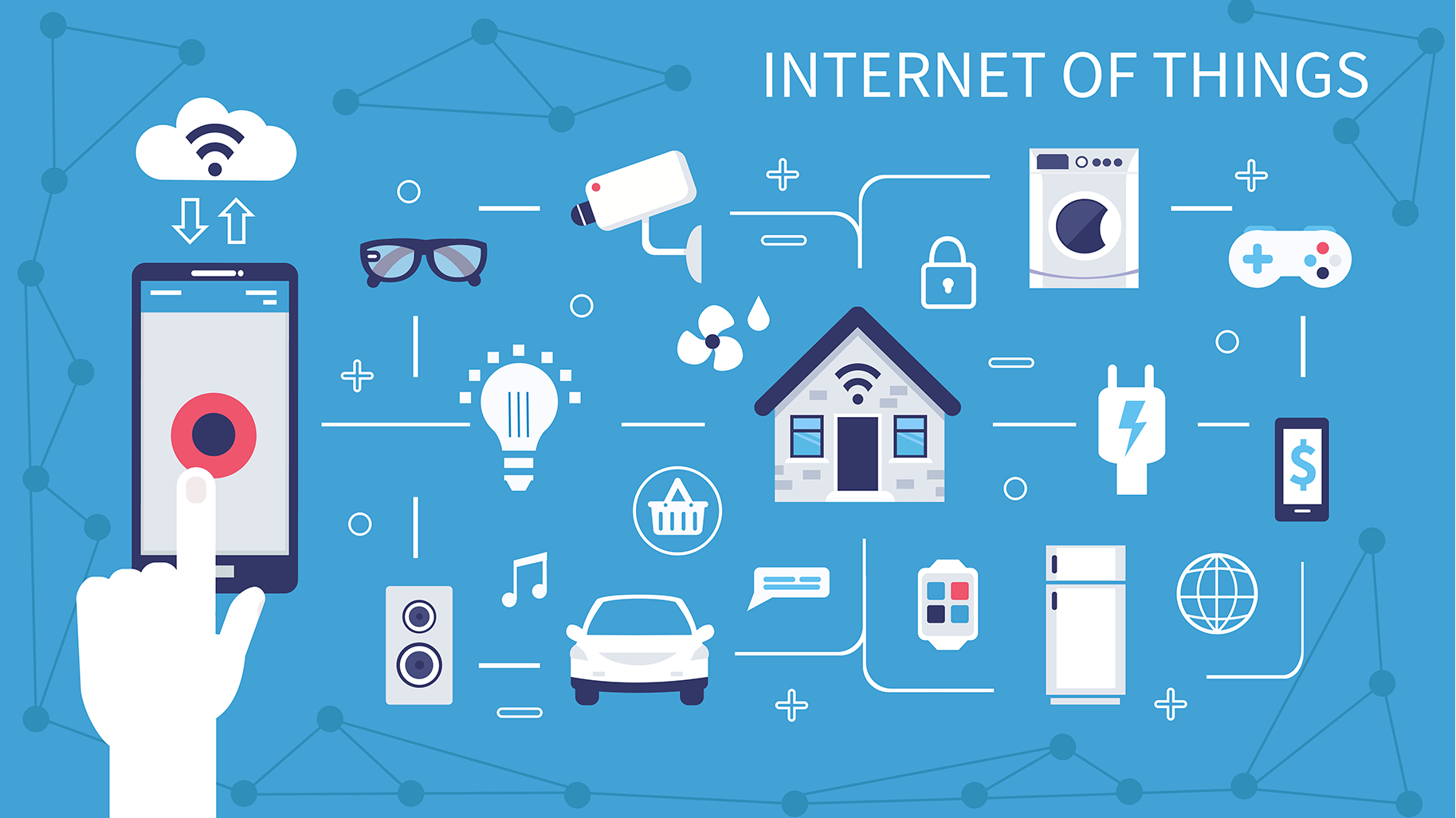 Illustration des objets connectés (IoT) comme par exemple son smartphone, maison connectée avec l'électroménager, etc.